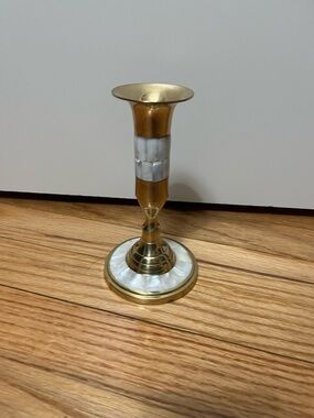 Vintage Brass And Mother Of Pearl Inlaid Candlestick